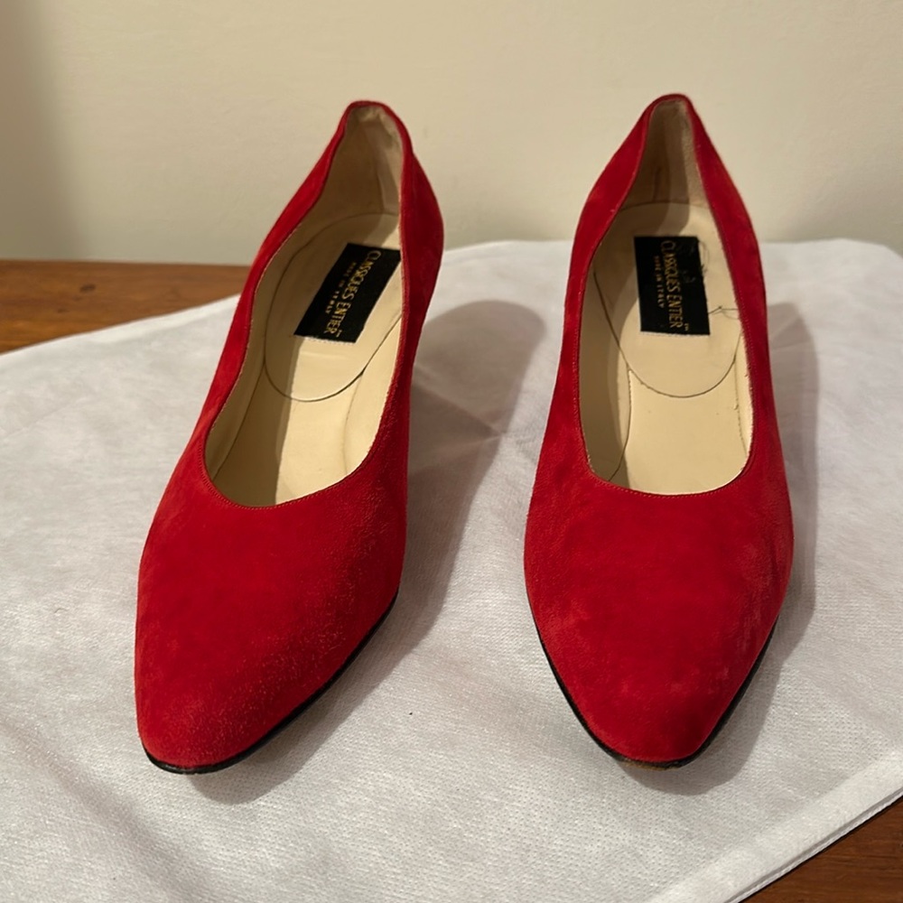 Red suede all leather Italian shoes with 1.5 inch heel